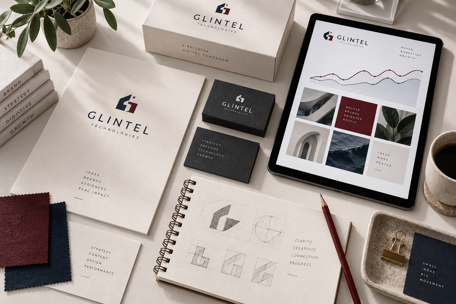 Illustrative Glintel branding and digital marketing materials