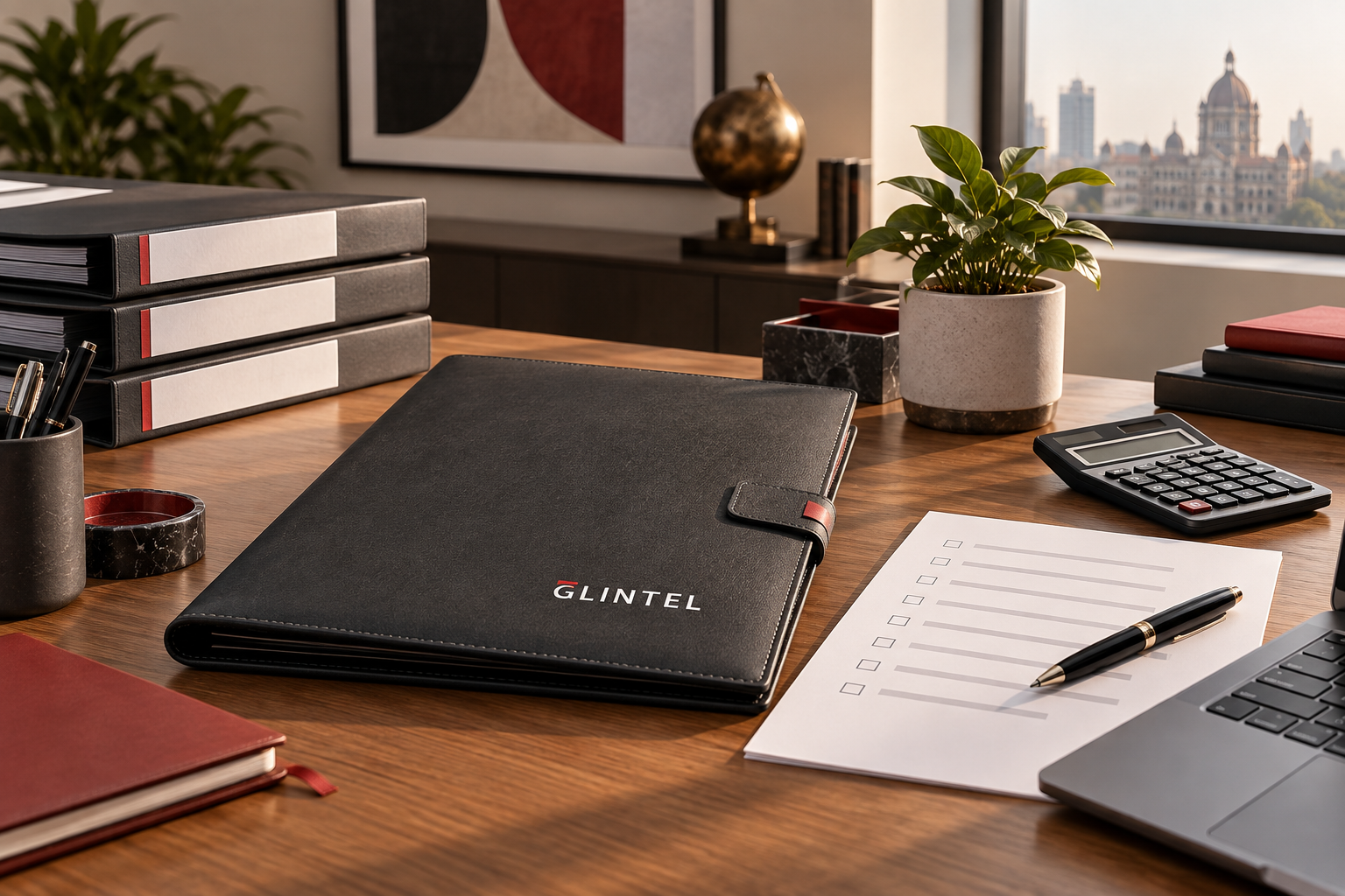 Illustrative business planning desk with organised documents
