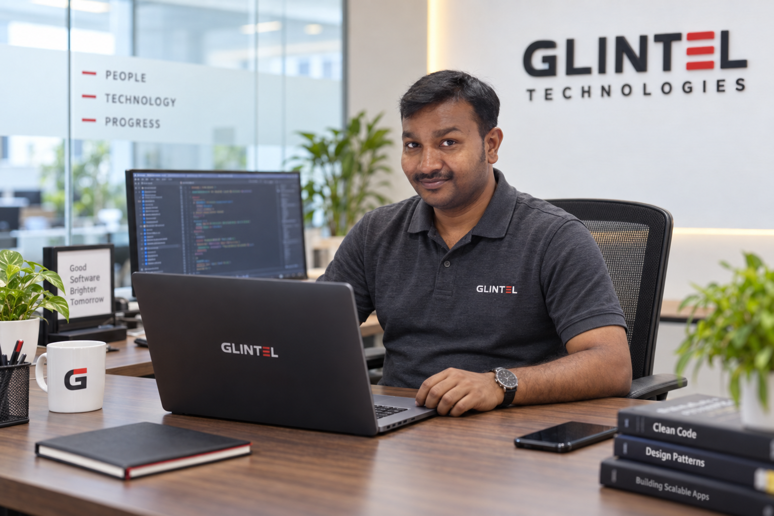 AI-created portrait at a Glintel-branded technology workspace