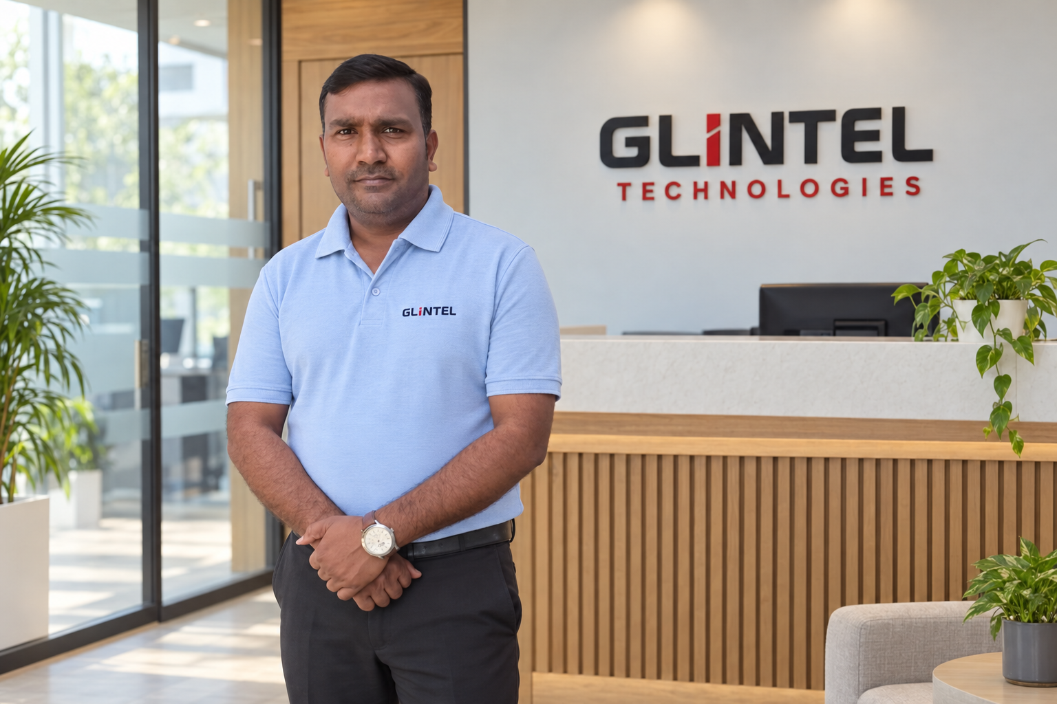 AI-edited portrait in a Glintel-branded office reception