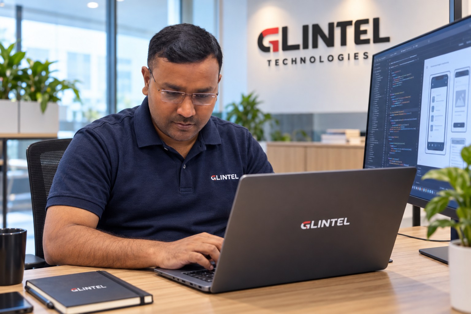 AI-created Glintel technology workspace using a supplied facial reference